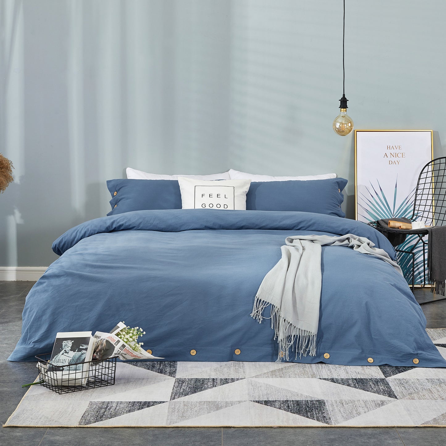 Argstar Button Closure Duvet Cover Set Denim Blue Color