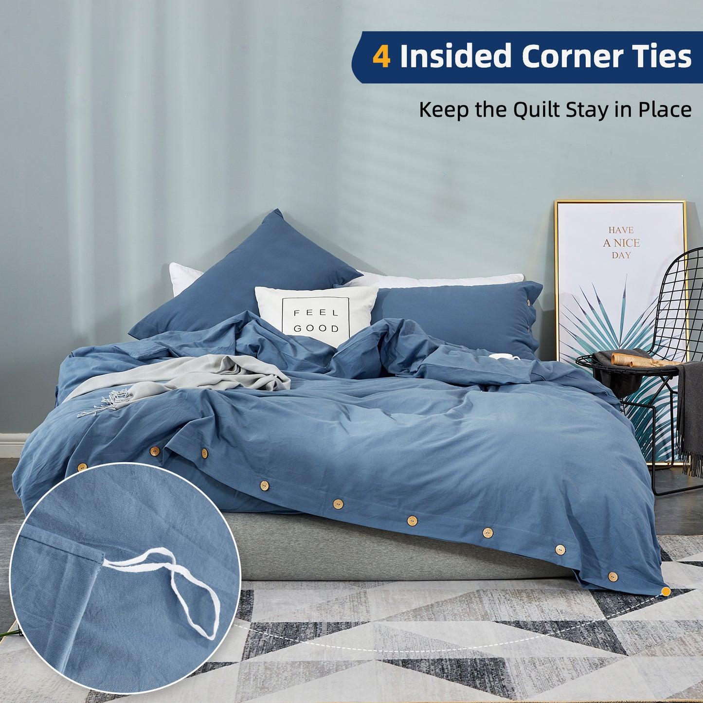 Argstar Button Closure Duvet Cover Set Denim Blue Color