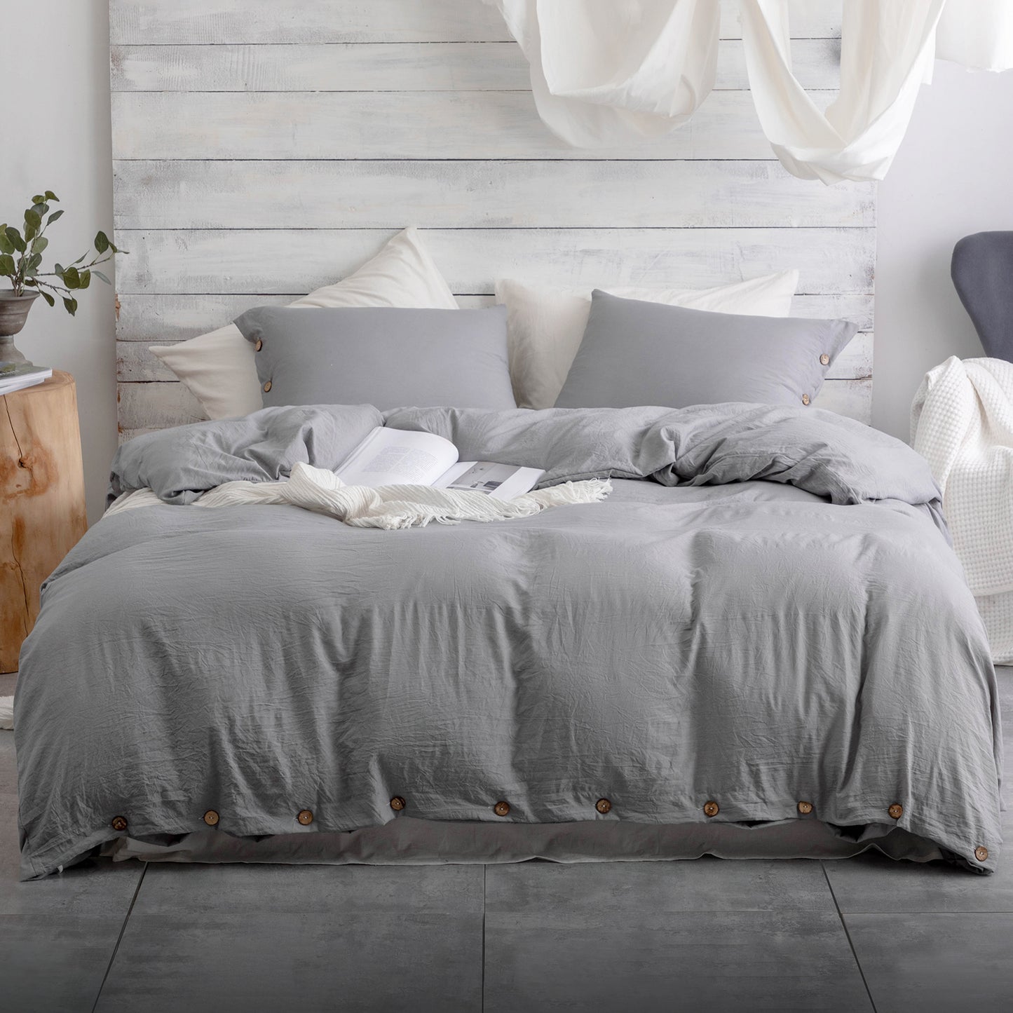 Argstar Button Closure Duvet Cover Set Light Grey Color
