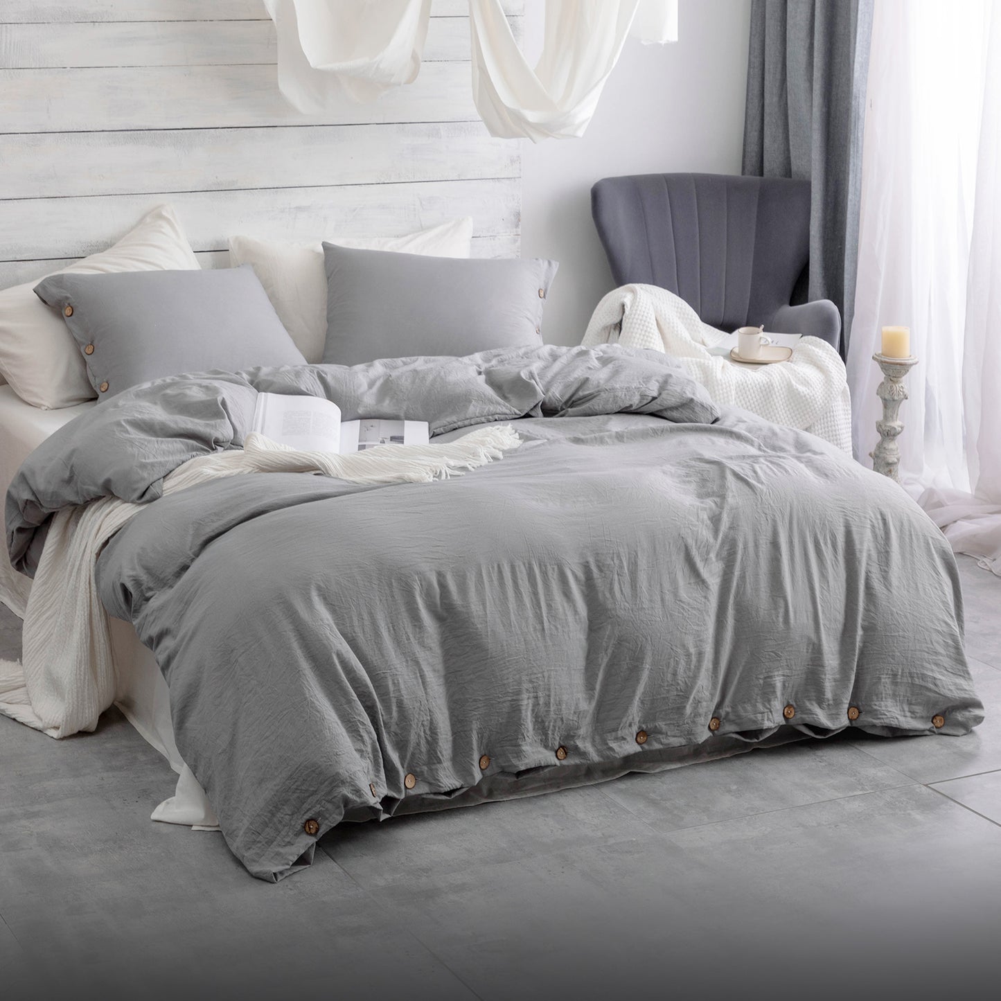 Argstar Button Closure Duvet Cover Set Light Grey Color