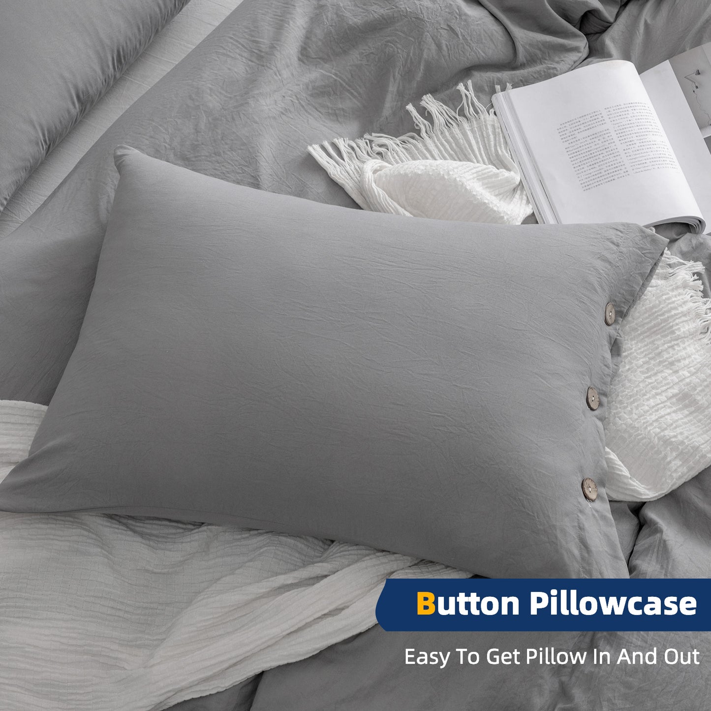 Argstar Button Closure Duvet Cover Set Light Grey Color