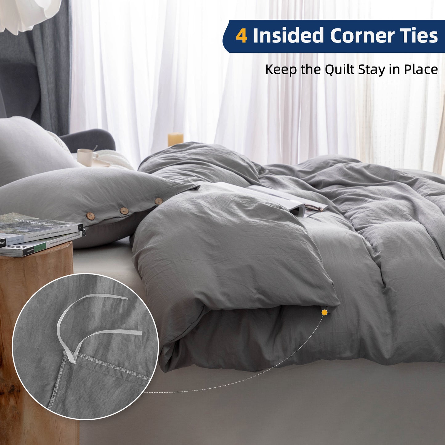 Argstar Button Closure Duvet Cover Set Light Grey Color