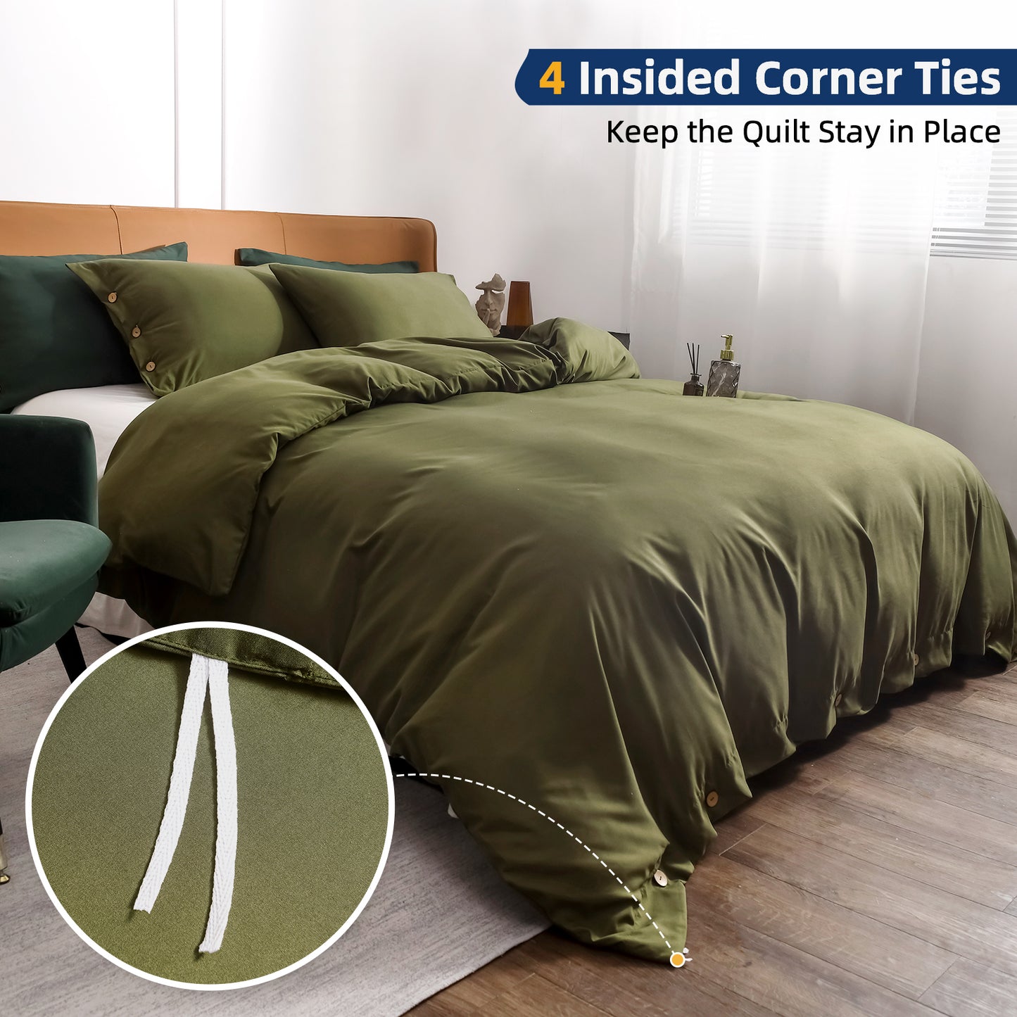 Argstar Button Closure Duvet Cover Set Olive Green Color