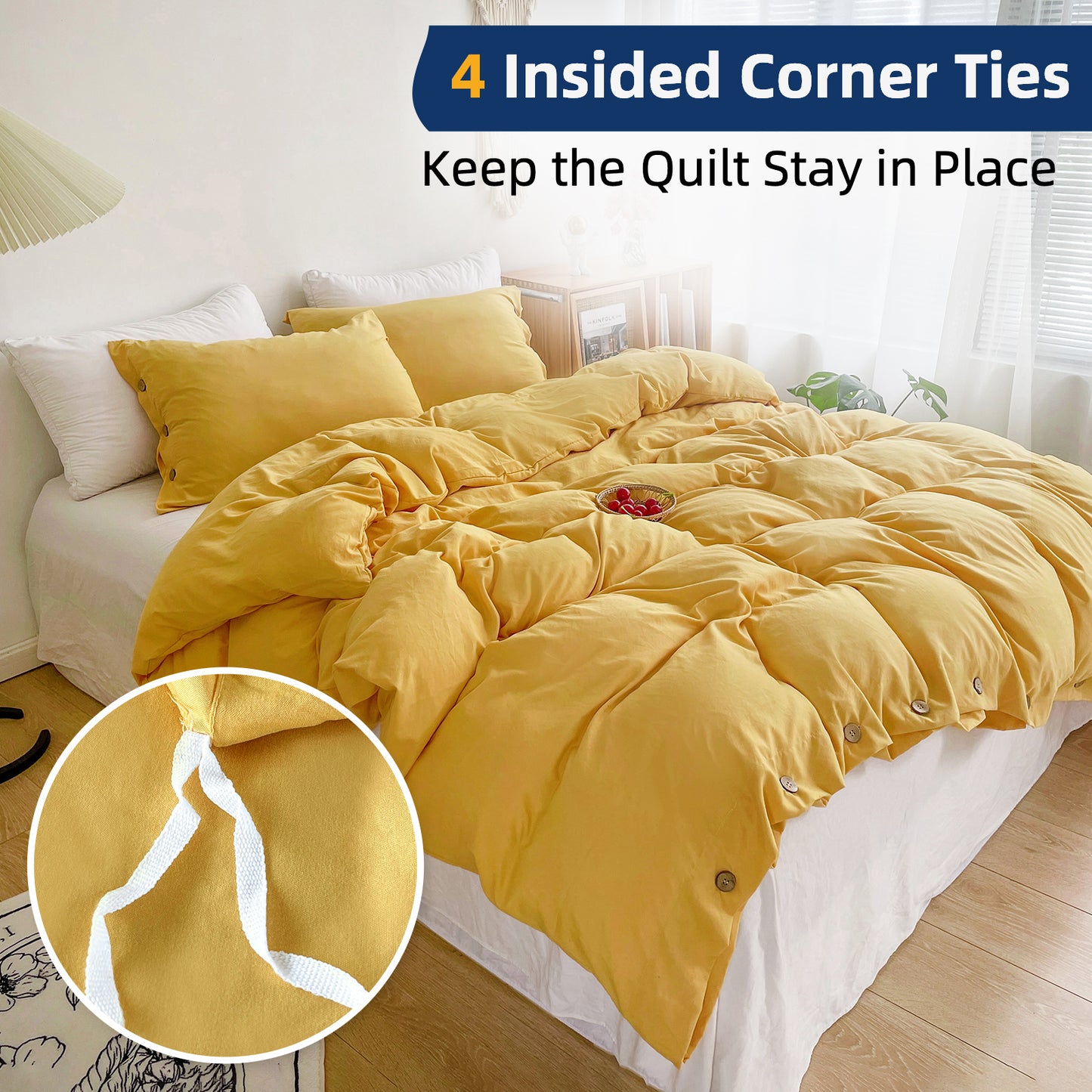 Argstar Button Closure Duvet Cover Set Yellow Color