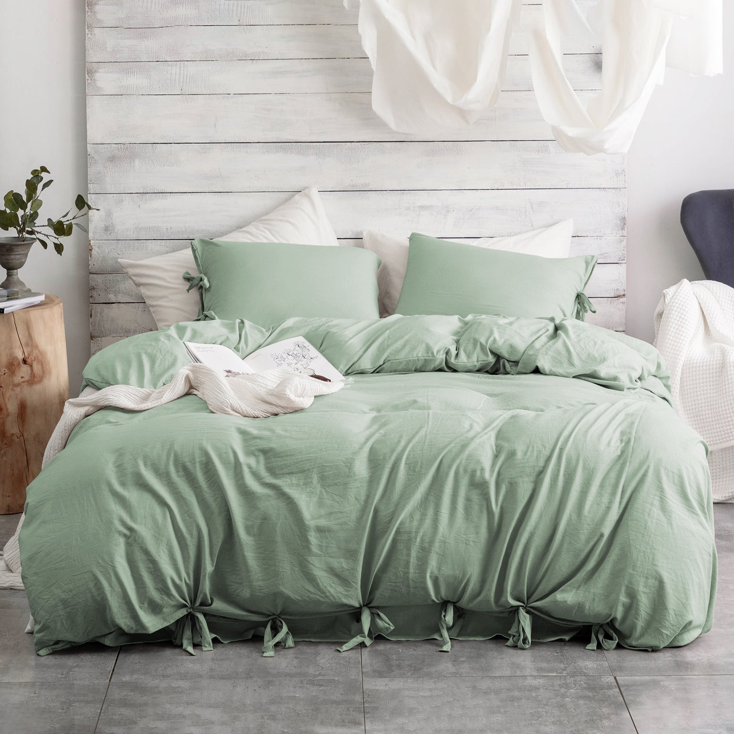 Argstar Bowknot Closure Duvet Cover Set Sage Green Color