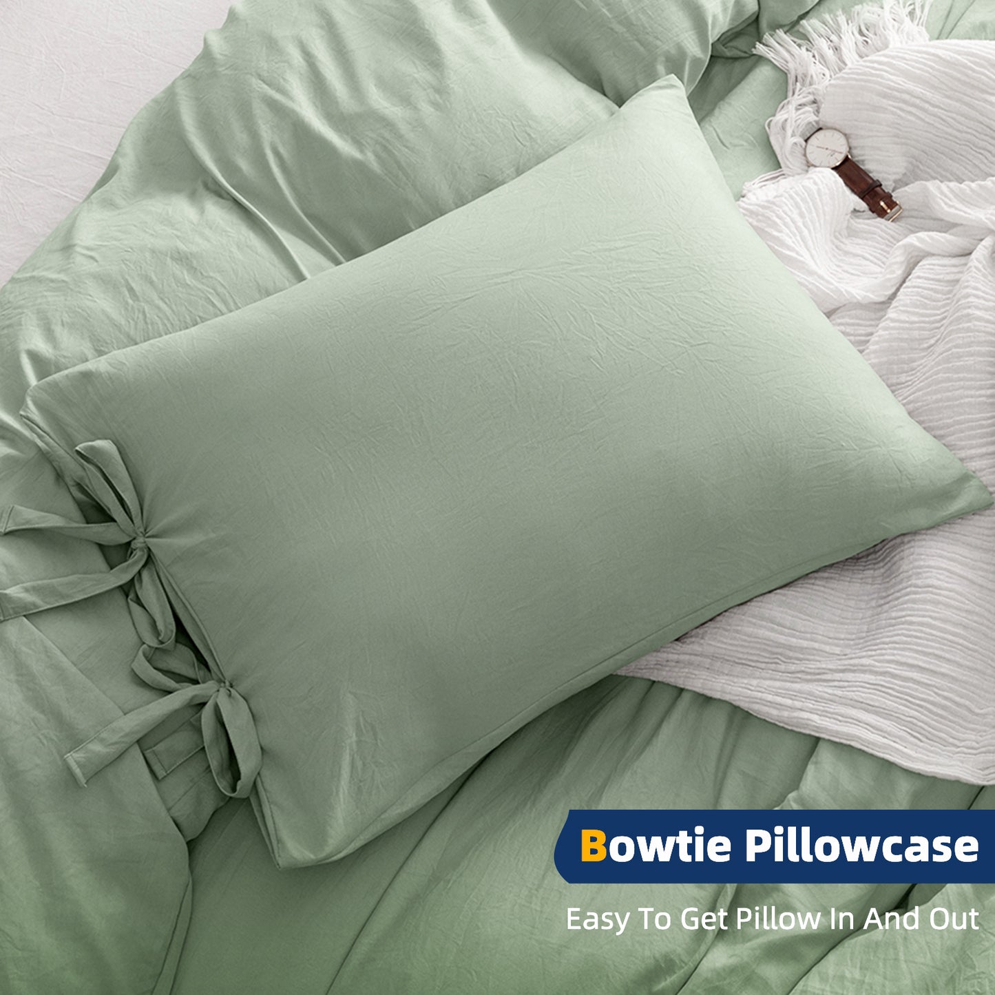 Argstar Bowknot Closure Duvet Cover Set Sage Green Color