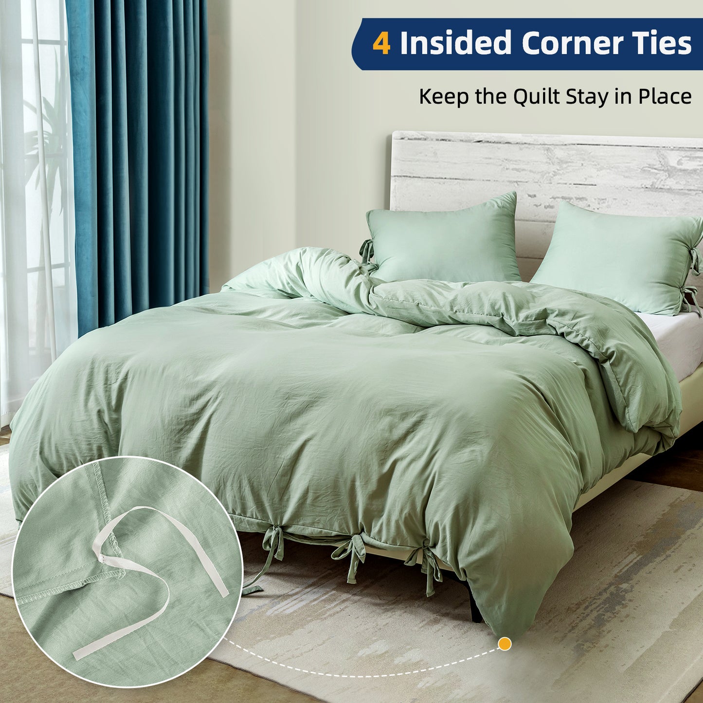 Argstar Bowknot Closure Duvet Cover Set Sage Green Color