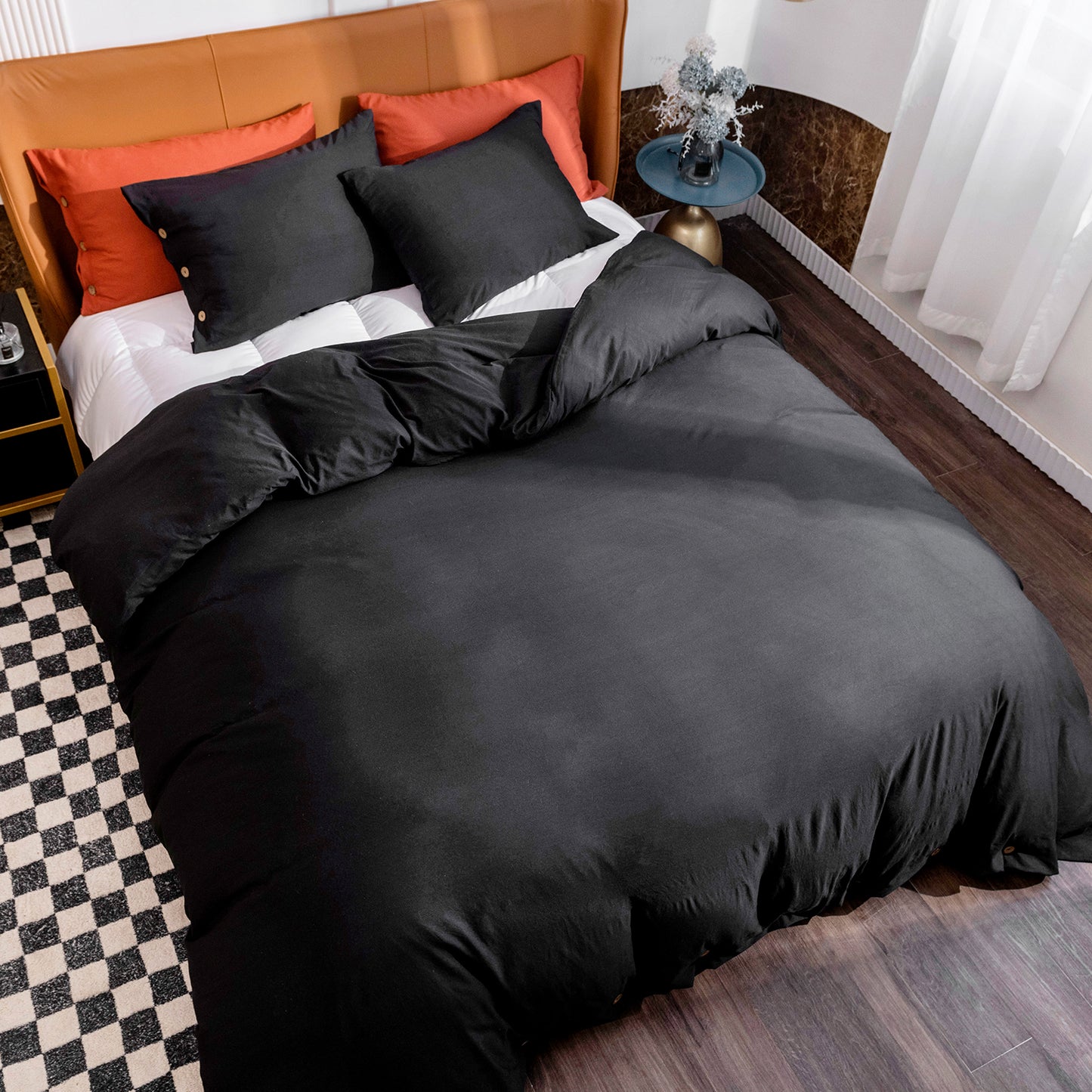 Argstar Button Closure Duvet Cover Set Black Color