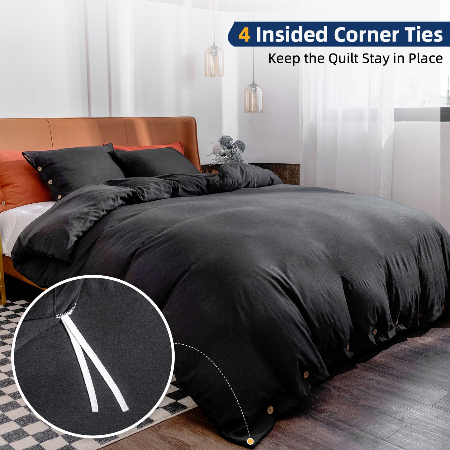 Argstar Button Closure Duvet Cover Set Black Color