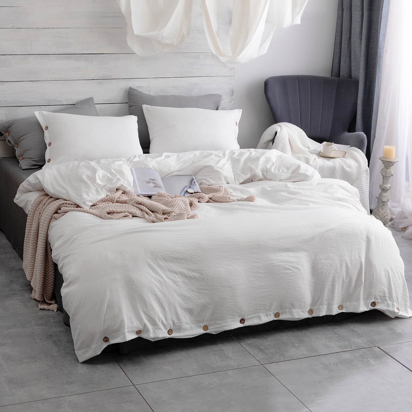 Argstar Button Closure Duvet Cover Set White Color